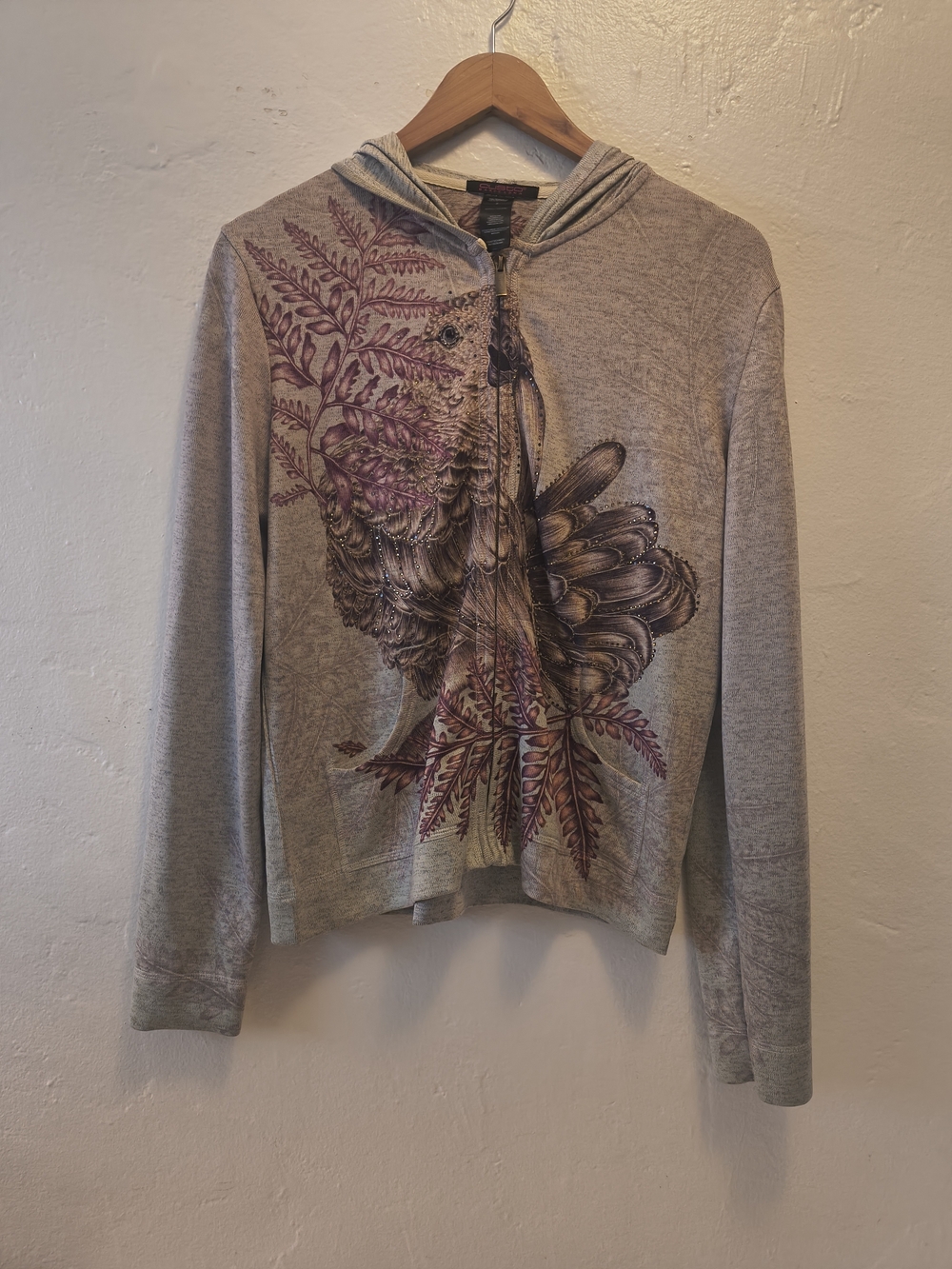 Custo Barcelona Light Gray Hoodie Sweater with Purple & Brown Floral Bird Print
